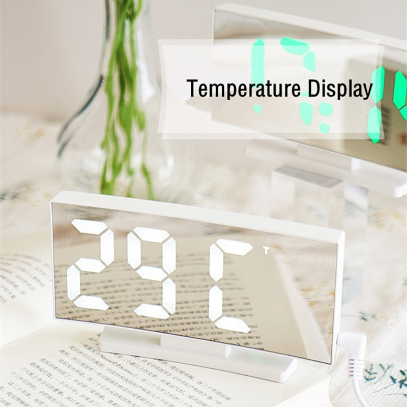 Ceas cu alarmă cu oglindă curbată Temperatură digitală Amânare Mod noapte Birou Masă Ceas Comutator Mod oprire Memorie Ceasuri LED