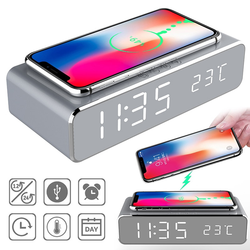 Elektromos LED ébresztőóra telefon vezeték nélküli töltővel asztali digitális termosztát az otthoni konyha újévi díszeihez 2021