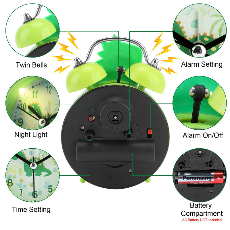 Vaikų žadintuvas Mielas dinozauras vienaragis stalinis laikrodis dvigubas varpelis su foniniu apšvietimu žadintuvas vaikams, miego trenerio dovanos