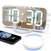 Ceas cu alarmă digital nou, ceasuri electronice cu oglindă cu LED mari, cu memento de vibrații, amânare, lumină de noapte, birou de încărcare USB pentru casă