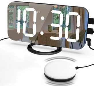 Ceas cu alarmă digital nou, ceasuri electronice cu oglindă cu LED mari, cu memento de vibrații, amânare, lumină de noapte, birou de încărcare USB pentru casă