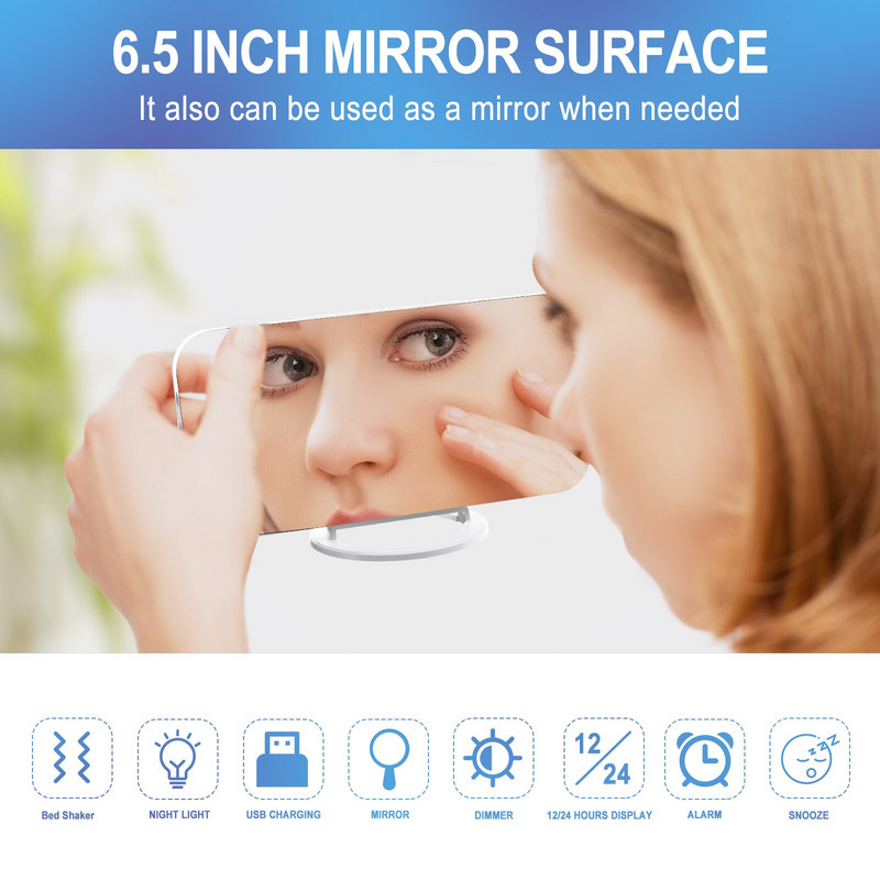Ceas cu alarmă digital nou, ceasuri electronice cu oglindă cu LED mari, cu memento de vibrații, amânare, lumină de noapte, birou de încărcare USB pentru casă