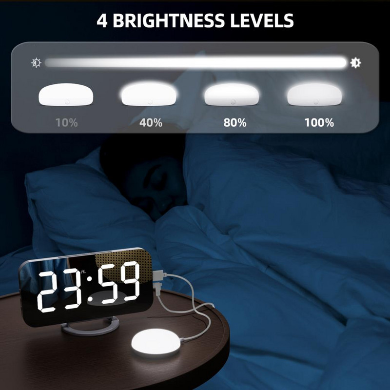 Ceas cu alarmă digital nou, ceasuri electronice cu oglindă cu LED mari, cu memento de vibrații, amânare, lumină de noapte, birou de încărcare USB pentru casă