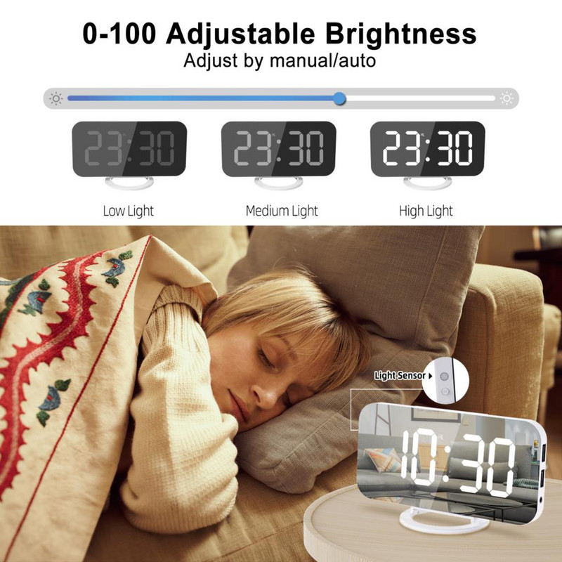 Ceas cu alarmă digital nou, ceasuri electronice cu oglindă cu LED mari, cu memento de vibrații, amânare, lumină de noapte, birou de încărcare USB pentru casă