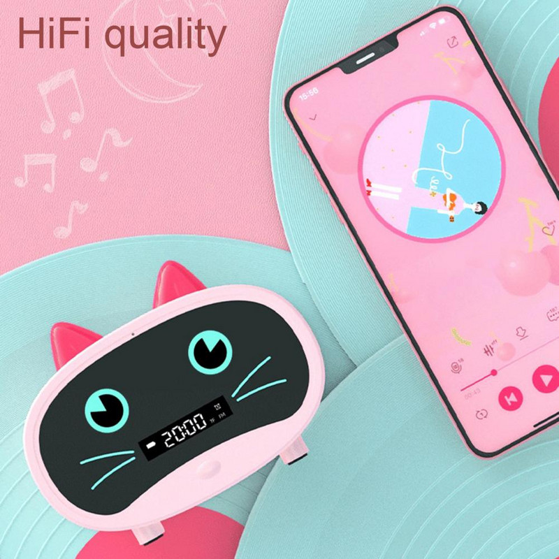 Difuzor compatibil cu Bluetooth Mini ceas deșteptător portabil Cute Cartoon Cat Difuzor wireless pentru exterior reloj despertador