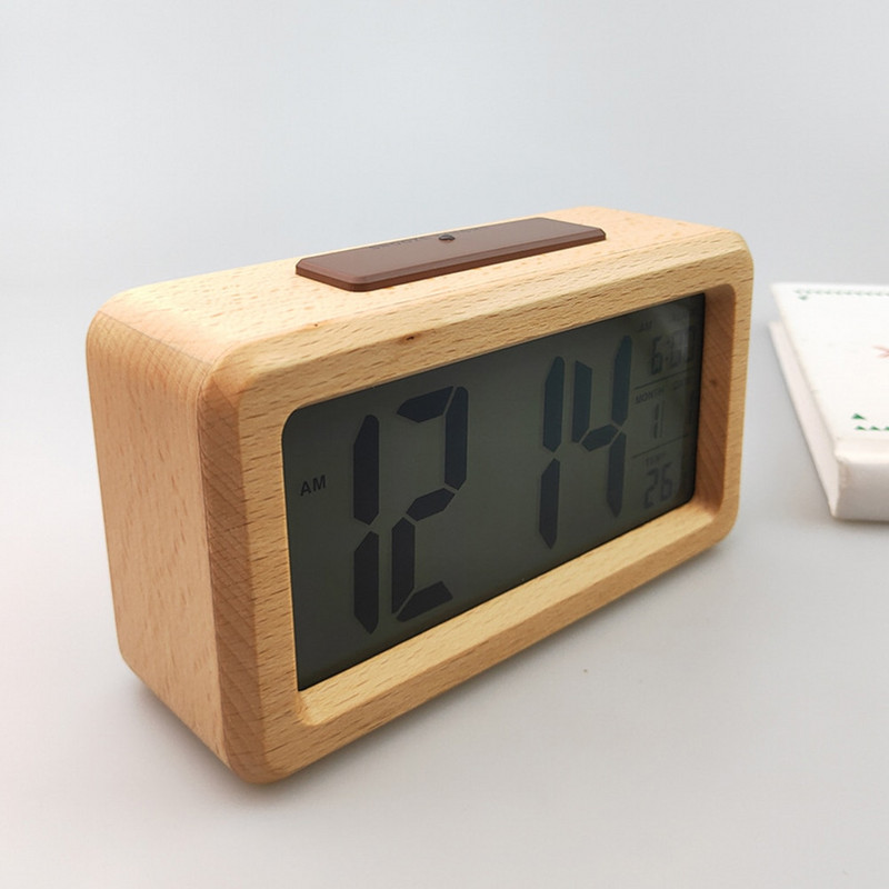 Fából készült digitális kijelzős elektronikus ébresztőóra hőmérséklet-figyelő otthoni használatra nappali asztali óra dekorációhoz