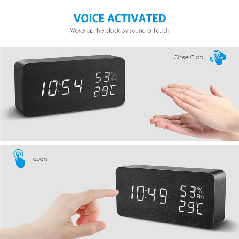 Ébresztőóra LED fa óraasztal Hangvezérlés Digitális fa USB/AAA tápellátású elektronikus asztali órák