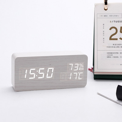 Ébresztőóra LED digitális fa USB/AAA tápellátású asztali óra hőmérséklet páratartalom hangvezérléssel Szundi elektronikus asztali órák