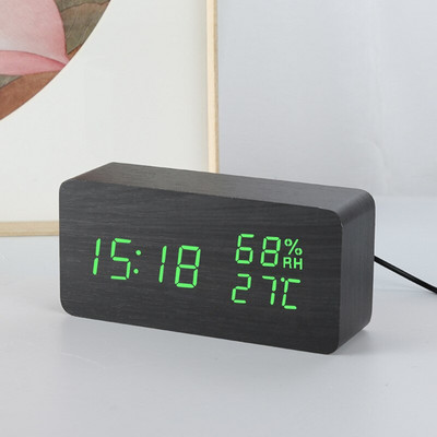 Ébresztőóra LED digitális fa USB/AAA tápellátású asztali óra hőmérséklet páratartalom hangvezérléssel Szundi elektronikus asztali órák