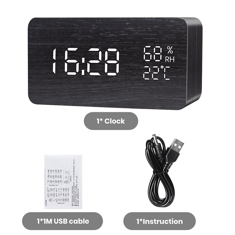 Ébresztőóra LED digitális fa USB/AAA tápellátású asztali óra hőmérséklet páratartalom hangvezérléssel Szundi elektronikus asztali órák