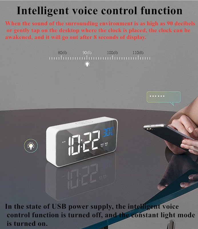 Újratölthető digitális ébresztőóra Hangvezérlés Szundi Éjszakai mód Asztali óra Zene Elektronikus LED órák Despertador Digital