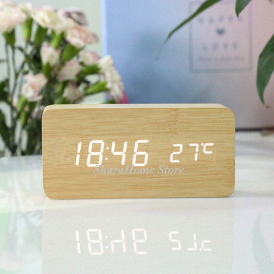 Otthoni dekoráció USB ébresztőóra LED fa világító némító hőmérséklet kettős kijelzős hangvezérlés fa elektronikus asztali dekoráció