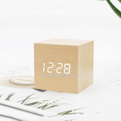 Otthoni dekoráció USB ébresztőóra LED fa világító némító hőmérséklet kettős kijelzős hangvezérlés fa elektronikus asztali dekoráció