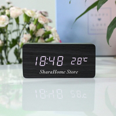 Otthoni dekoráció USB ébresztőóra LED fa világító némító hőmérséklet kettős kijelzős hangvezérlés fa elektronikus asztali dekoráció