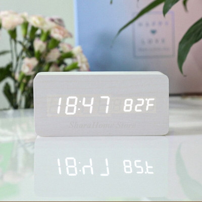 Otthoni dekoráció USB ébresztőóra LED fa világító némító hőmérséklet kettős kijelzős hangvezérlés fa elektronikus asztali dekoráció