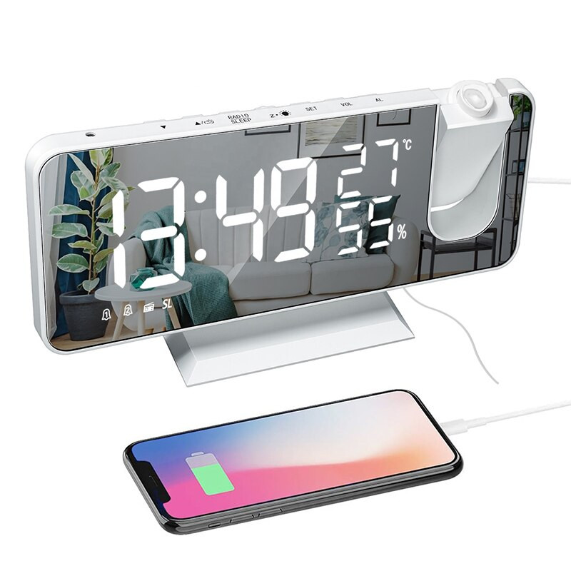 LED digitális vetítési ébresztőóra FM rádió képernyő kijelző hőmérséklet páratartalom USB Wake többfunkciós elektronikus asztali órák