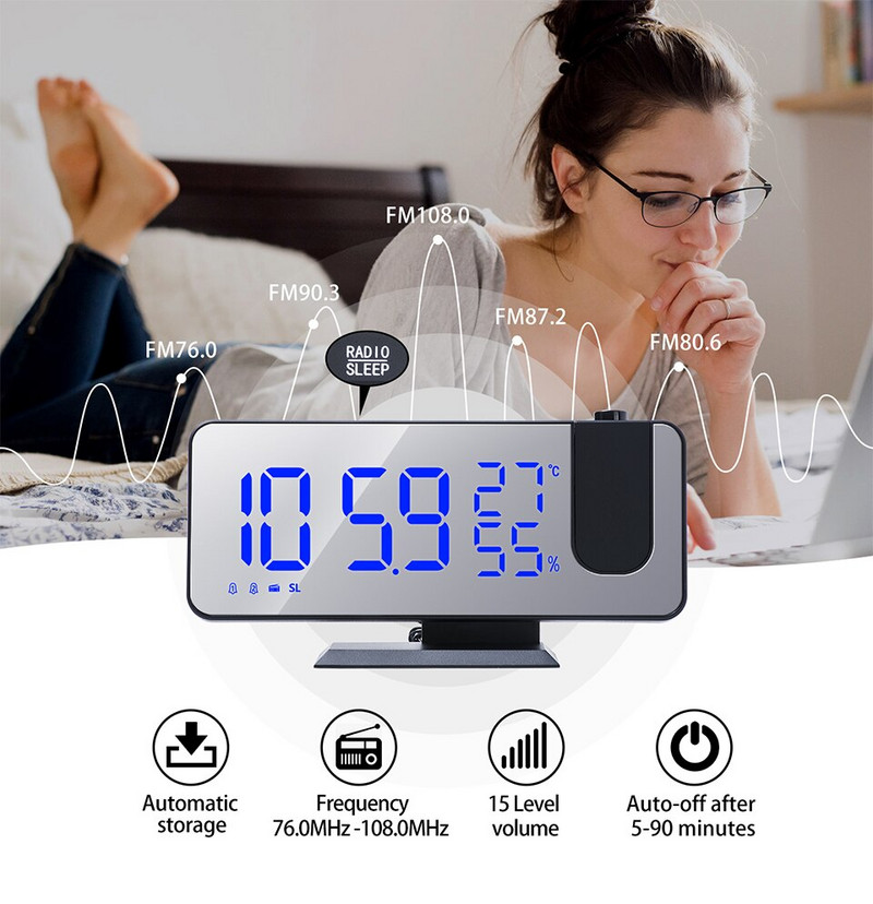 LED digitális vetítési ébresztőóra FM rádió képernyő kijelző hőmérséklet páratartalom USB Wake többfunkciós elektronikus asztali órák