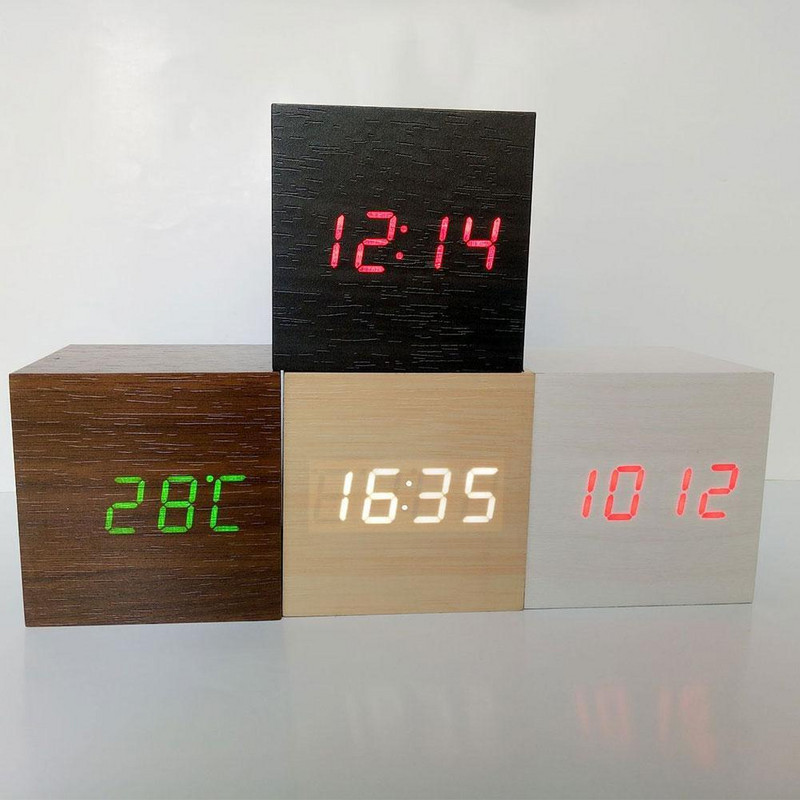 Ébresztőóra LED fa óra asztali hangvezérlés digitális Wood Despertador USB/AAA tápellátású elektronikus asztali órák