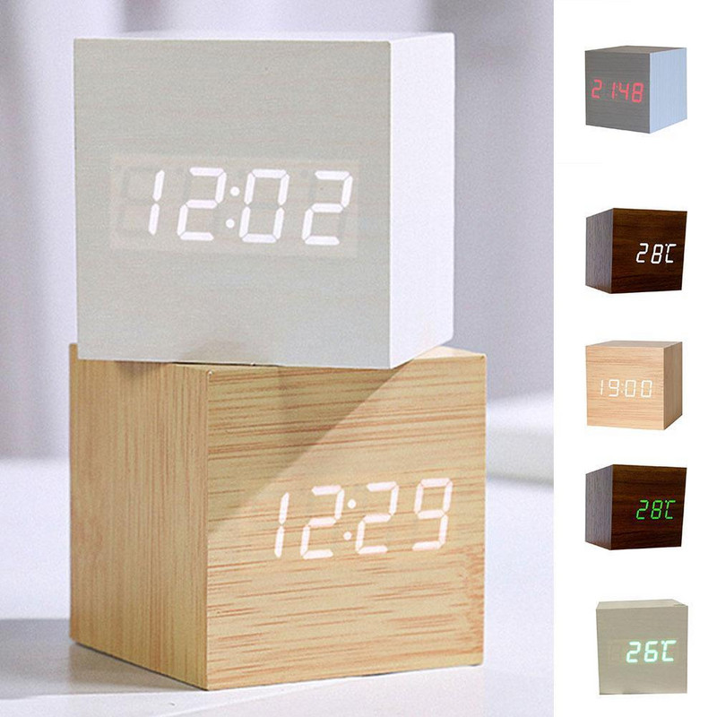 Ébresztőóra LED fa óra asztali hangvezérlés digitális Wood Despertador USB/AAA tápellátású elektronikus asztali órák