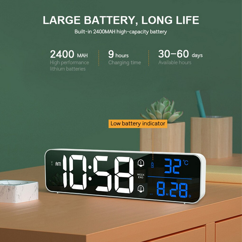 Zene LED digitális ébresztőóra hőmérséklet dátum kijelző asztali tükör órák otthoni asztali dekoráció elektronikus óra 2000 mAh