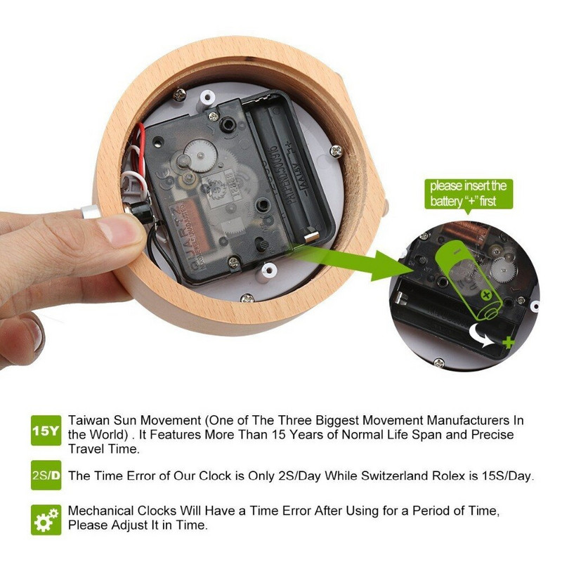 JINSUN Ceas din lemn Snooze Noptiera Copii Ceas cu alarmă Ac circular Iluminare din spate Ceas de birou Silențios Lemn Despertador fără ticăituri