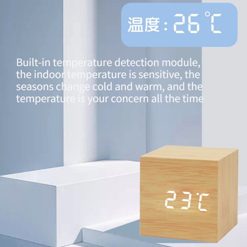 Daugiafunkcis kvadratinis skaitmeninis LED laikrodis žadintuvas medinis retro švytintis laikrodis darbalaukis stalo dekoras valdymo balsu snaudimo funkcijos įrankiai