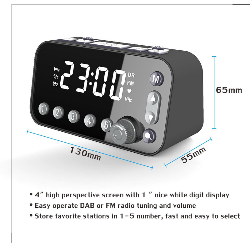 Ceas cu alarmă digital Radio cu ceas cu alarmă Dab Fm, port dublu de încărcare USB Ecran LCD Iluminare din spate Alarma reglabilă cu volum Ceas cu alarmă