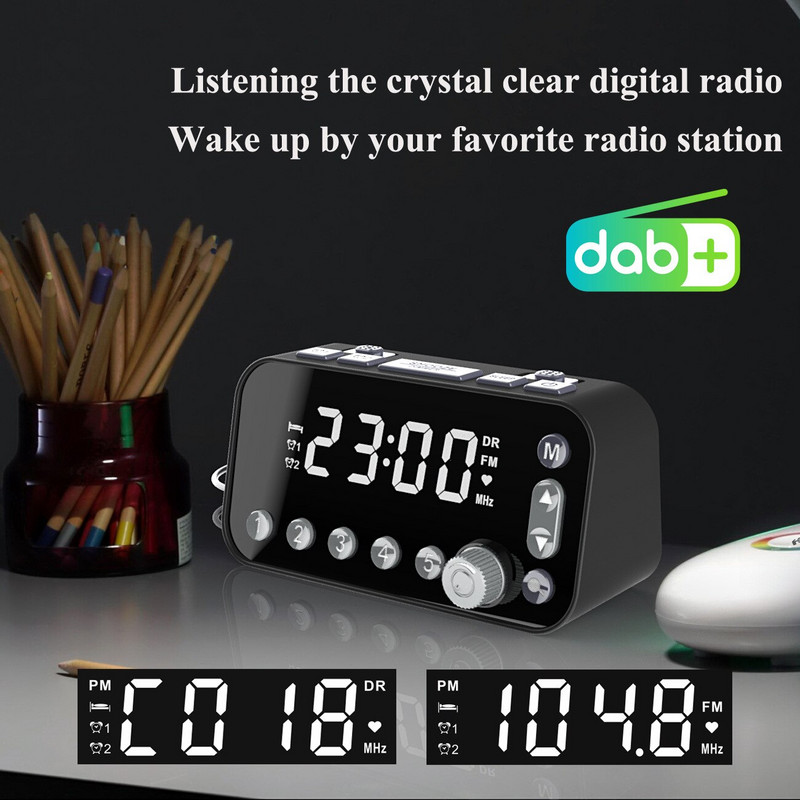 Ceas cu alarmă digital Radio cu ceas cu alarmă Dab Fm, port dublu de încărcare USB Ecran LCD Iluminare din spate Alarma reglabilă cu volum Ceas cu alarmă