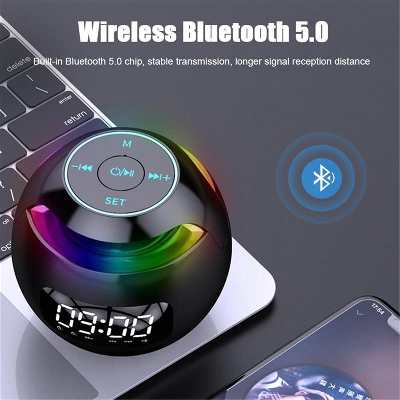 Mini BT hangszóró LED Bluetooth-kompatibilis 5.0 hangszóró digitális ébresztőórás zenelejátszóval, vezeték nélküli gömb alakú óra hangszóró