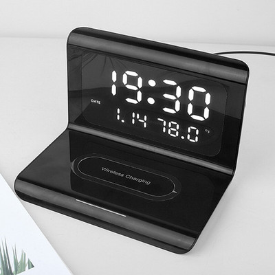 6 az 1-ben LED ébresztőóra vezeték nélküli töltő digitális hőmérővel asztali lámpával hálószobához 15 W mobiltelefon gyorstöltő Dropship