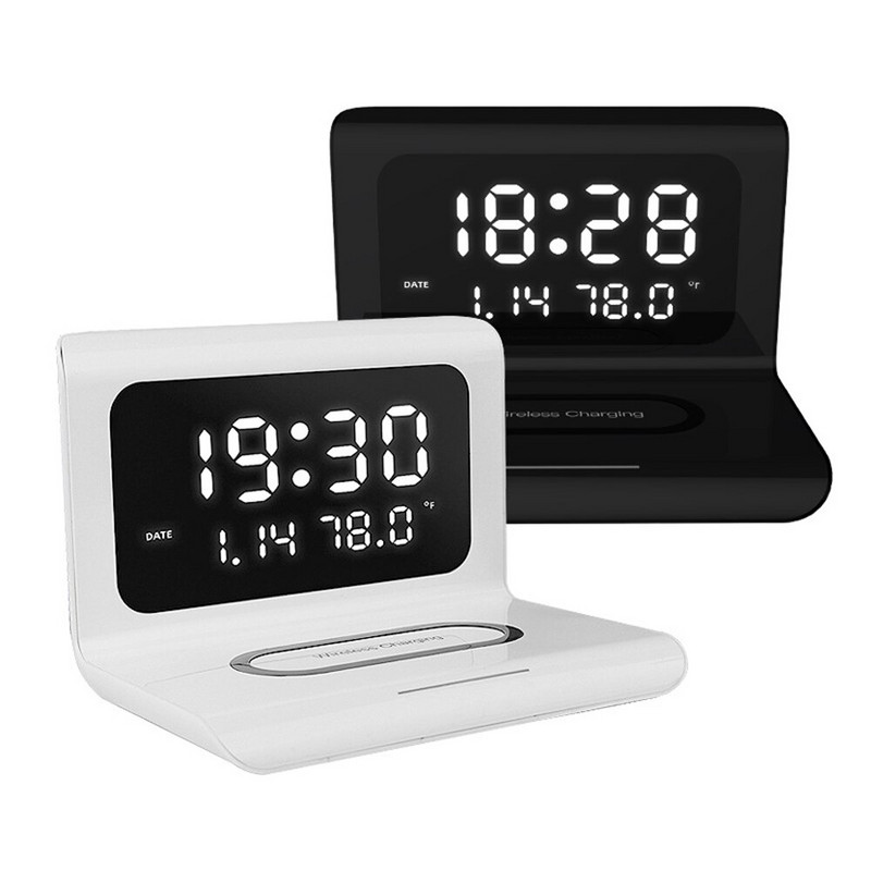 6 az 1-ben LED ébresztőóra vezeték nélküli töltő digitális hőmérővel asztali lámpával hálószobához 15 W mobiltelefon gyorstöltő Dropship