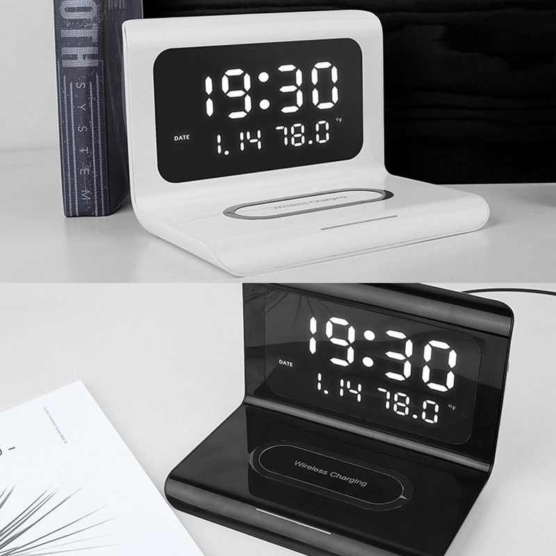6 az 1-ben LED ébresztőóra vezeték nélküli töltő digitális hőmérővel asztali lámpával hálószobához 15 W mobiltelefon gyorstöltő Dropship