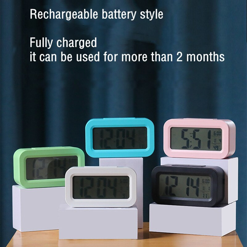 Įkraunamas skaitmeninis žadintuvas su foniniu apšvietimu snaudimo nutildymo kalendorius Automatinis pritemdymas stalo laikrodžiai 12/24h elektroninis LED laikrodis