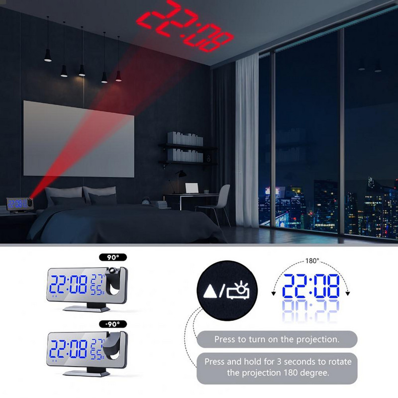 LED digitális ébresztőóra elektronikus asztali óra FM rádió Szundi idő projektor óra Lakás dekoráció Modern design falióra