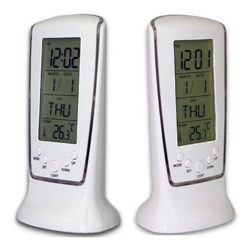 Skaitmeninis žadintuvo termometro kalendorius Mėlynas apšvietimas LED laikrodis Snausti stalo laikrodis Nakties šviesos žadintuvas su 7 žadintuvo dainomis