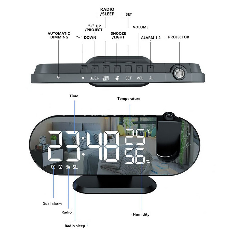 LED digitális ébresztőóra óra asztali elektronikus asztali órák USB ébresztő FM rádió idő projektor szundi funkció 2 ébresztő