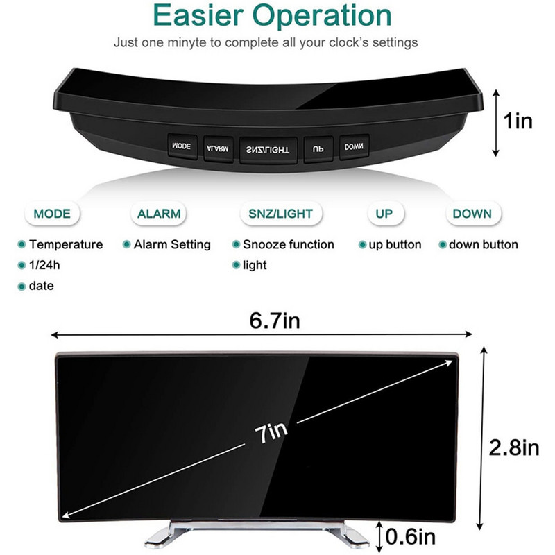 Asztali ébresztőóra 7 hüvelykes hajlított, szabályozható LED Sn elektronikus digitális asztali óra gyerekeknek Hálószoba nagyszámú asztali óra