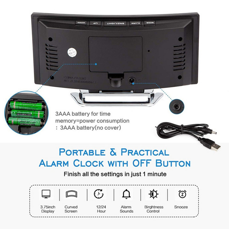 Asztali ébresztőóra 7 hüvelykes hajlított, szabályozható LED Sn elektronikus digitális asztali óra gyerekeknek Hálószoba nagyszámú asztali óra