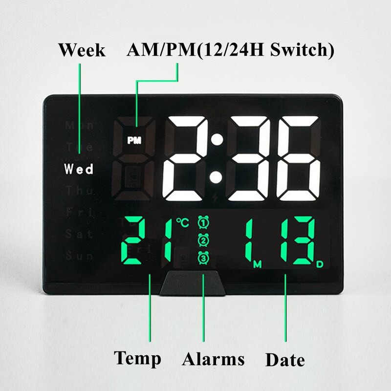 Ceas cu alarmă digital cu lunetă îngustă Control vocal Temp Amânare tactilă 3 alarme Ceas electronic de masă Mod noapte Ceasuri LED digitale