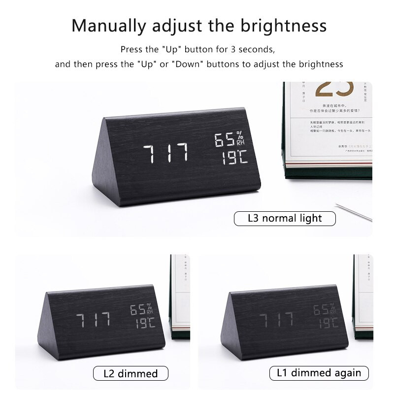 Digitális fa ébresztőóra hőmérséklet páratartalom LED hangvezérléssel Elektronikus asztali órák asztali USB/AAA tápellátású lakberendezés