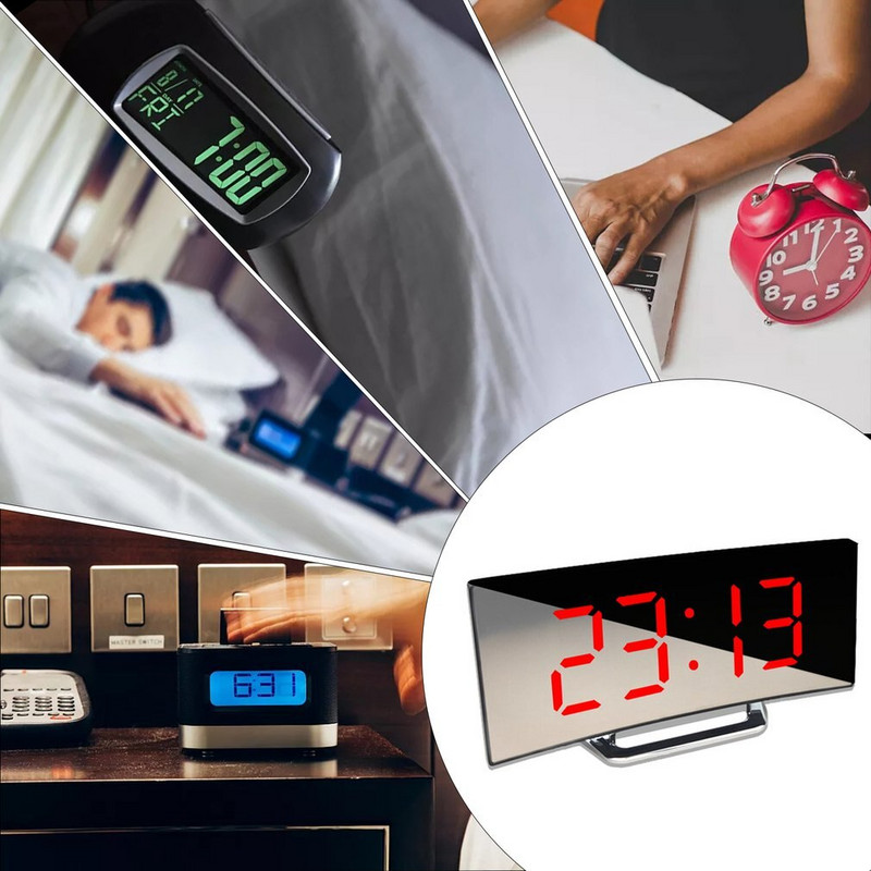 Nagy képernyős LED ívelt felületű tüköróra Csendes ébresztőóra Asztali lakberendezés Energiatakarékos adattároló óra
