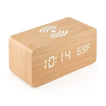 Ψηφιακό ξυπνητήρι LED ξύλινο με ασύρματη φόρτιση κινητού τηλεφώνου USB/AAA Τροφοδοτημένο για το σαλόνι υπνοδωμάτιο ψηφιακό ρολόι γραφείου