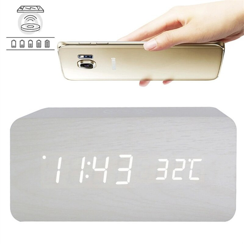 LED fa digitális ébresztőóra mobiltelefon vezeték nélküli töltéssel USB/AAA Tápellátással nappali hálószobába irodai digitális óra