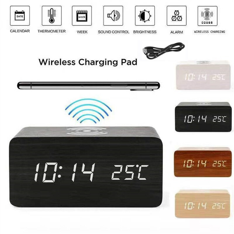 LED fa digitális ébresztőóra mobiltelefon vezeték nélküli töltéssel USB/AAA Tápellátással nappali hálószobába irodai digitális óra