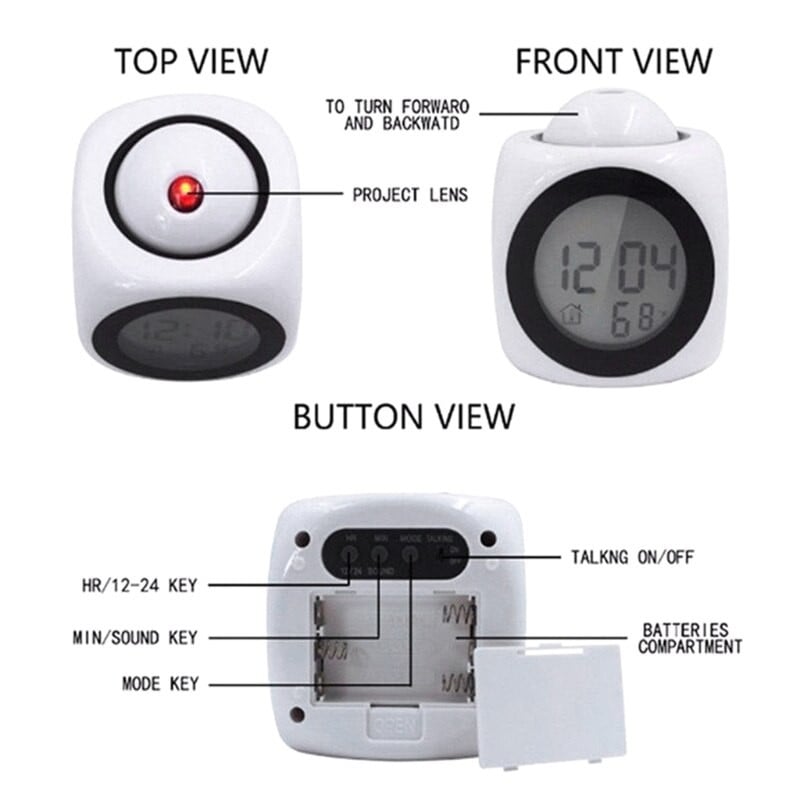 Žadintuvo projektorius Wake Up Easy Snooze Termometras ℃/℉ Lubų projekcinis žadintuvas 12/24 val. Vaikų miegamasis