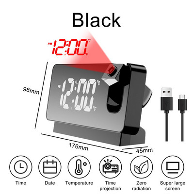 LED skaitmeninis projekcinis žadintuvas miegamajam stalo elektroninis stalinis laikrodis USB įkraunamas žadintuvas su projekcija