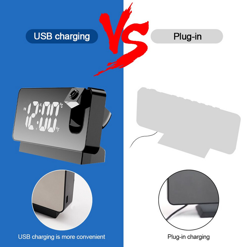 LED skaitmeninis projekcinis žadintuvas miegamajam stalo elektroninis stalinis laikrodis USB įkraunamas žadintuvas su projekcija