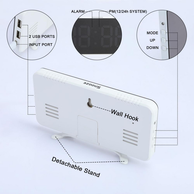 LED skaitmeninis žadintuvas veidrodinio paviršiaus šviesos jutimo 3 reguliuojamo ryškumo laikrodis su dviem USB prievadais despertador digital