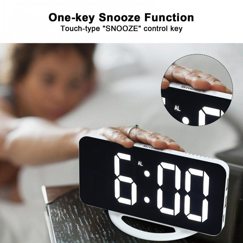 LED skaitmeninis žadintuvas veidrodinio paviršiaus šviesos jutimo 3 reguliuojamo ryškumo laikrodis su dviem USB prievadais despertador digital