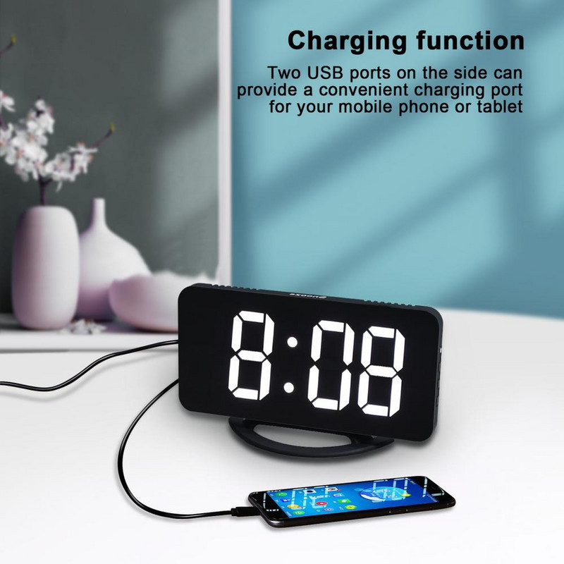 LED skaitmeninis žadintuvas veidrodinio paviršiaus šviesos jutimo 3 reguliuojamo ryškumo laikrodis su dviem USB prievadais despertador digital